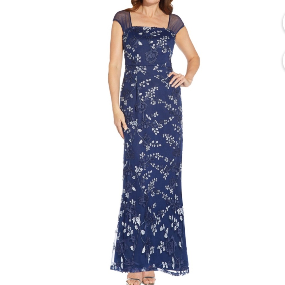 Adrianna Papall Womens Blue Floral Square Neck Full-Length Evening Gown Dress